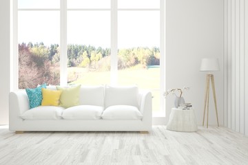 Fototapeta premium White living room with sofa. Scandinavian interior design. 3D illustration
