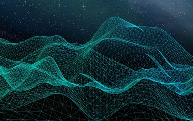 Abstract landscape on a dark background. Cyberspace grid. hi tech network. Outer space. Starry outer space texture. 3D illustration