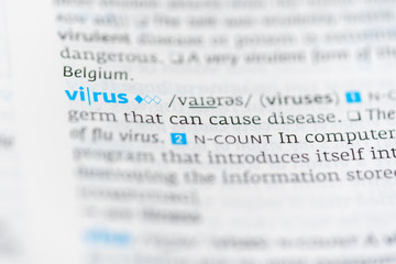 Obraz premium Definition of the word virus on a dictionary page