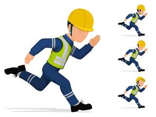 An industrial worker is running on white background