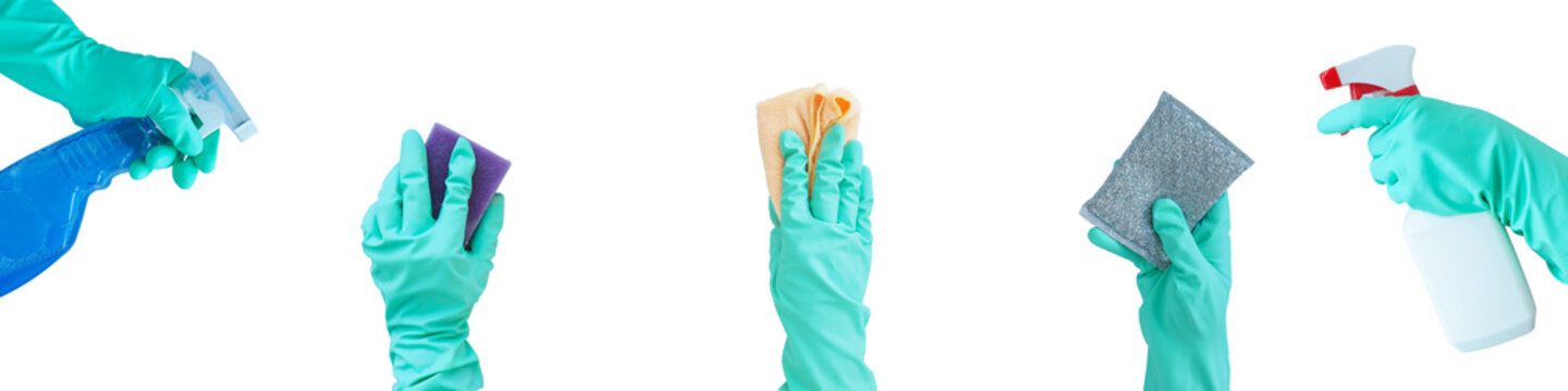 .Banner: hands in mint blue rubber gloves with cleaning products, washing sponges and napkins. isolate on a white background. Cleaning concept...