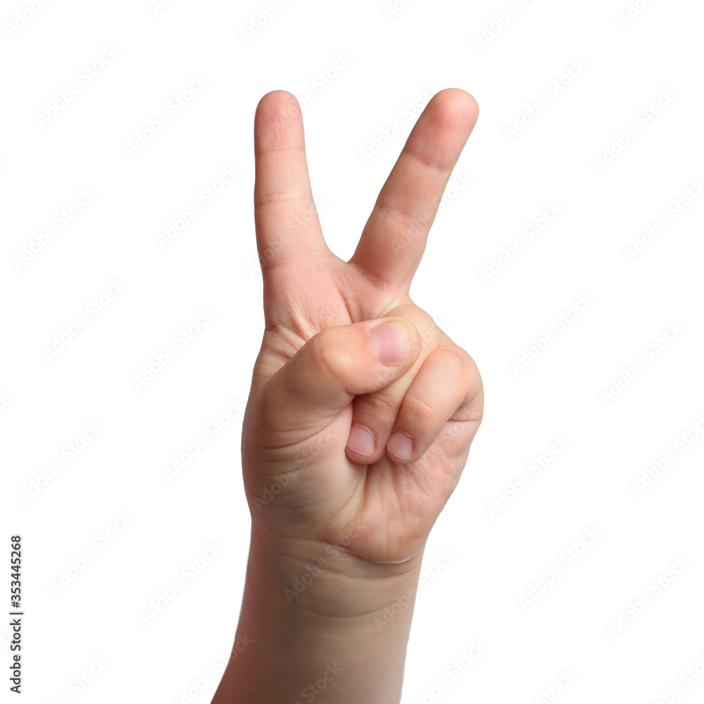 Wall mural two children's fingers. symbol of victory. isolated object on white background