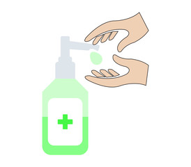 Hand and sanitizer pump color bottle, washing gel.Alcohol rub sanitizers kill most bacteria, fungi and stop some viruses such as corona virus. Hygiene product. Sanitizer full bottle with vector