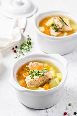 Ukha Russian fish soup. Selective focus, copy space.