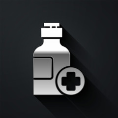 Obraz premium Silver Bottle of medicine syrup icon isolated on black background. Long shadow style. Vector Illustration.