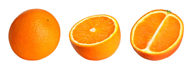 Fresh whole and half slices orange fruits isolated on white background. Set collection