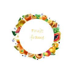 Watercolor illustration, fruit frame. Papaya, persimmon, pear, grapefruit, peach, tangerines, mango, mint, ice cubes.