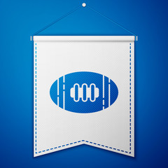 Blue American Football ball icon isolated on blue background. Rugby ball icon. Team sport game symbol. White pennant template. Vector Illustration.