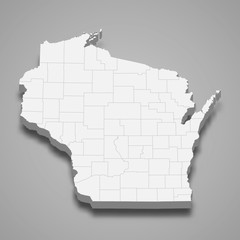 Wisconsin 3d map state of United States Template for your design