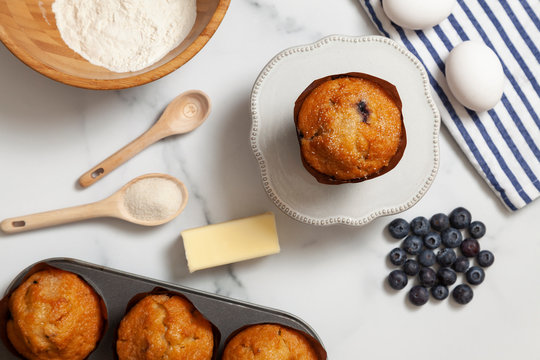 Blueberry Muffin From Above With Ingredients