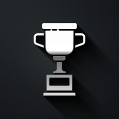 Silver Award cup icon isolated on black background. Winner trophy symbol. Championship or competition trophy. Sports achievement sign. Long shadow style. Vector Illustration.