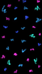 Black background with colored spots. Blue and purple