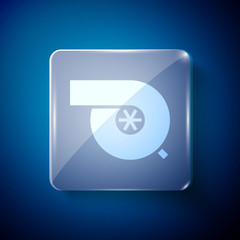 White Automotive turbocharger icon isolated on blue background. Vehicle performance turbo. Turbo compressor induction. Square glass panels. Vector Illustration.