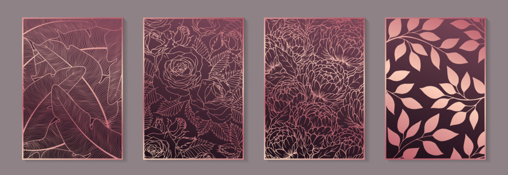 Set of modern floral luxury pink backgrounds for business or presentation or greeting cards with rose gold flowers, peonies, leaves and feathers.