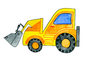 Excavator - construction equipment. Watercolor illustration for children's design. Yellow car isolated on a white background