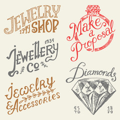 Women's jewelry shop badges and logo set. Luxury accessories, wedding rings, Victorian woman and Earring. Bracelet on hand. Vintage retro Templates for typography or signboards. Drawn engraved sketch.