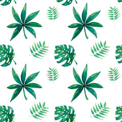 Seamless pattern with monstera and palm leaves. Suitable for wallpaper, fabric. Watercolor stock illustration