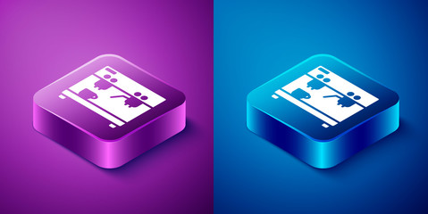 Isometric Coffee machine icon isolated on blue and purple background. Square button. Vector Illustration.