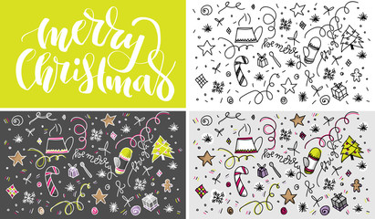 Merry Christmas hand drawn doodles. Fair tree, gift boxes. Lettering sign included.