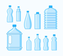Plastic water bottle icon. Blue liquid container drink, bottle silhouette set. Water cartoon bottles