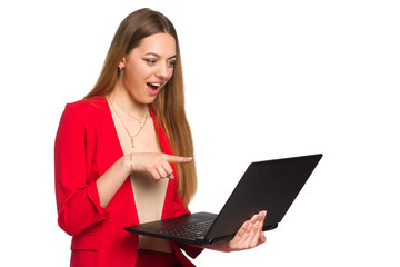 office woman, Holding a laptop, indignantly, with an open mouth, shows a finger at him