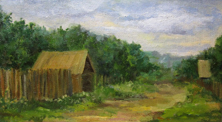 Russian village and house in summer, oil painting
