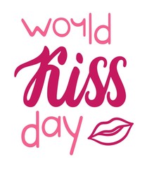 World kiss day pink lettering with outline lips decoration. Handwritten inscription. Inscription for greeting card, poster, banner.