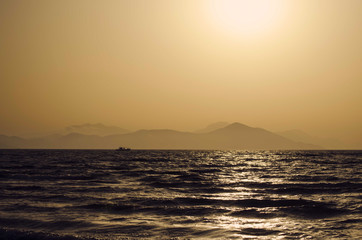 Fototapeta premium sunset over the sea, cloudless, the whole scene is colored in gold and orange