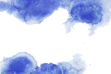 Navi, classic blue, indigo watercolor texture background with dry brush stains, strokes isolated on white. Abstract artistic frame, empty space for text. Acrylic hand painted gradient backdrop.