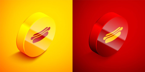 Isometric Hotdog sandwich icon isolated on orange and red background. Sausage icon. Fast food sign. Circle button. Vector Illustration.