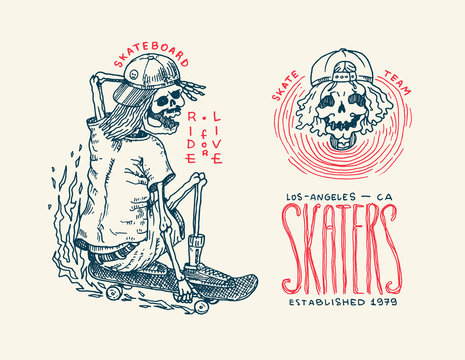 Skateboard badges and logo. Vintage retro Template for t-shirt and typography. Skeletons ride on the boards concept and skull in a cap. Letter phrases. Hand Drawn engraved sketch for shop or tattoo.