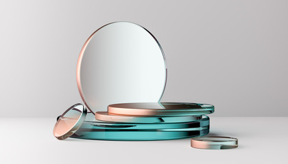 3d render background, golden platforms and glass cylinders. White banner for product design presentation. Abstract minimal mockup design. Modern style composition with gold metallic trendy elements.