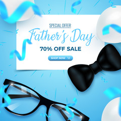 Father's Day Special Offer. 70 percent Off Sale card design with white frame, glasses, hat, falling foil confetti and white air balloons on blue background. Father's Day Template. Vector illustration