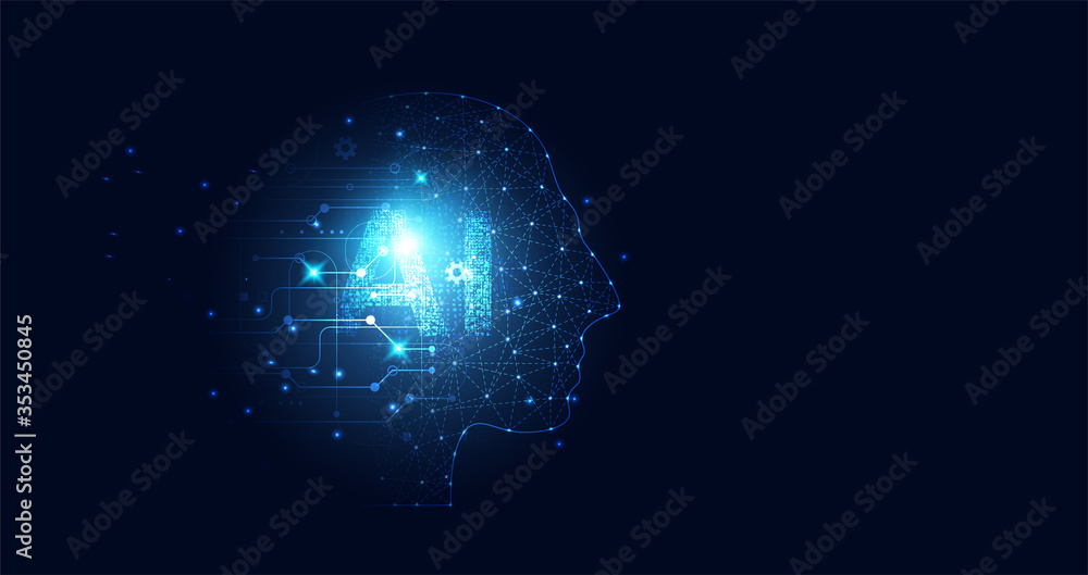 Poster abstract technology artificial intelligence concept big data digital human head in robot and digital