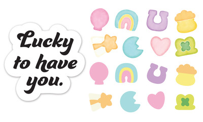 Lucky to have you, lucky charms, charms, good luck, heart, star, horseshoe, horse, shoe, clover, hat, blue, moon, pot of gold, rainbow, red balloon, saint patty's day, saint Patrick's day, leprechaun 