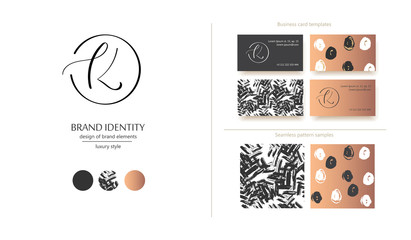 Creative monogram - luxury hand drawn calligraphy sign. Business card design included. Uppercase K letter in a circle. Vector illustration.