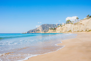 Calm Mediterranean sea and coast. Mascarat, Valencia, Spain
