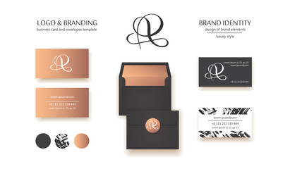 Creative monogram - hand drawn calligraphy sign. Business card design included. Uppercase A, R and P letter combination. Vector illustration.