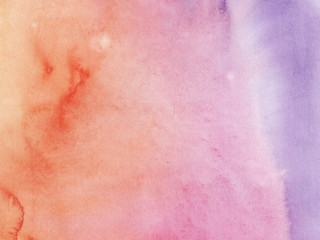 Pink, yellow and orange watercolor texture background with wet brush stains, strokes. Watercolor wash. Abstract artistic frame, empty space for text. Acrylic hand painted gradient backdrop.