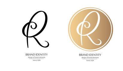 Creative monogram - hand drawn calligraphy sign. Uppercase R letter luxury brand identity sign. Vector illustration.