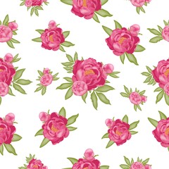 Pattern with pink peonies and green leaves isolated on a white background, stock vector illustration with 3D effect, postcard, banner, poster, fabric, packaging