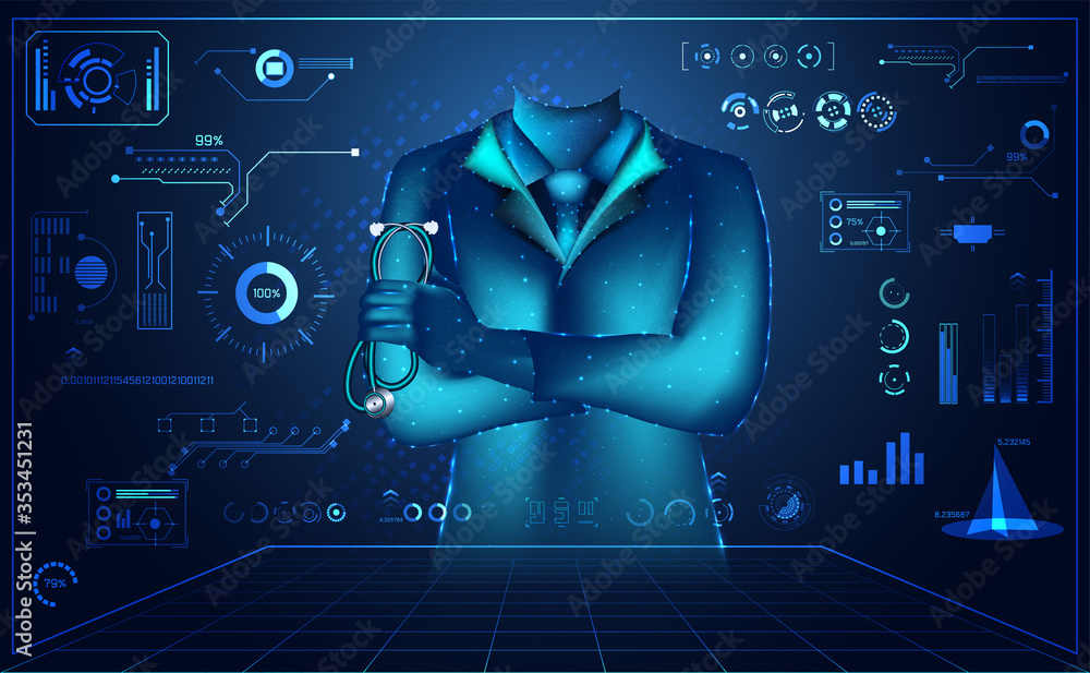 Poster abstract doctor wireframe digital and hologram interface concept medical data analysis in visual for