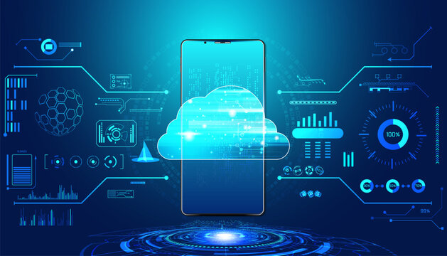 Abstract cloud technology with big data and smartphone concept Connection by collecting data in the cloud With large data storage systems on hi tech background.