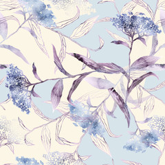 Fototapeta na wymiar Summer Flowers Seamless Pattern. Watercolor Background. 
