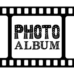 Photo album cover. Lettering title photo album. Black and white template for photographers with frames and film. Vector illustration for the design of books, posters, brochures, booklets, folders and 