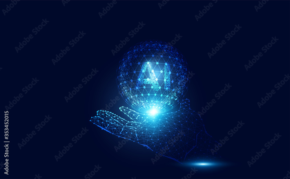 Poster abstract technology ai computing on hand wireframe concept working data of artificial intelligence a