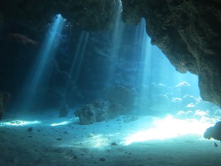 Underwater photo of sunlight inside a cave. From a scuba dive in the Red Sea - Egypt. 