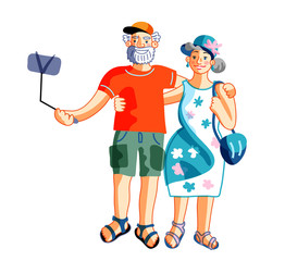 Mature couple tourists taking selfie on phone