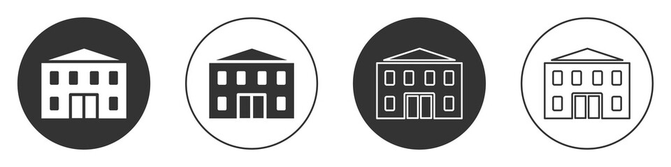 Black School building icon isolated on white background. Circle button. Vector Illustration.