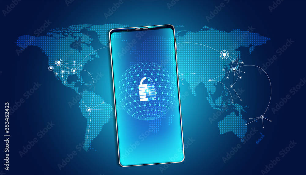 Aufkleber abstract padlock cyber security with smartphone and map world concept protection of information in t